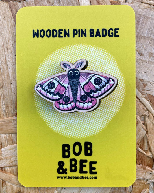 Wooden pin badge with an emperor moth design on a yellow card, branded 'Bob & Bee'.